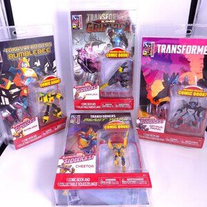 Lot 4 Transformers Squeezelings Grimlock Cheetor Bumblebee Optimus w/ Comic Book